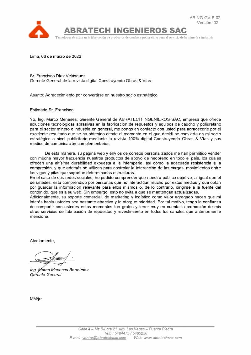 Carta de agradecimiento Abratech Ingenieros